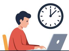 Person working on laptop while looking at wall clock above desk vector