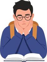 Student with backpack looking bored while reading a textbook vector