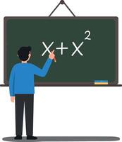 Teacher explaining algebraic equations on a chalkboard in classroom setting vector