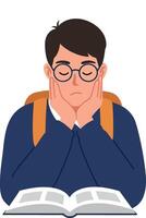 Student with glasses looking frustrated while studying a textbook vector