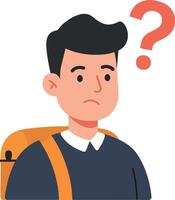 Young man with backpack and question mark expressing confusion or uncertainty vector