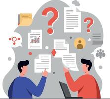Two people discussing documents with questions and ideas in the background vector