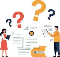Two people discussing ideas with question marks and documents around them vector