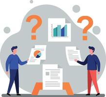 Two individuals analyzing documents and charts with questions in background vector