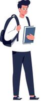 Young man with backpack holding a tablet in a cheerful pose vector