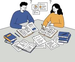 Two people studying together with books and notes spread out vector
