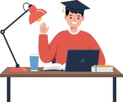 Student in graduation cap smiling and waving at the desk vector