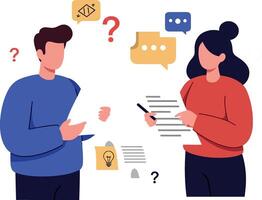 Two people discussing ideas with questions and notes in a creative setting vector
