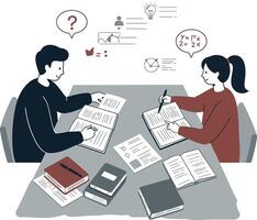 Two students studying together with books and notes on a table vector