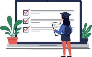 Student wearing graduation cap checking progress on digital checklist vector