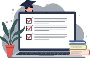 Laptop displaying checklist with books and plant in study environment vector