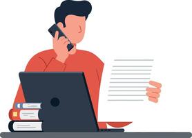 Person talking on phone while reviewing documents at a desk vector