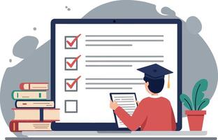 Student completing online exam with checklist and books nearby vector