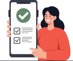 Woman smiling while holding a smartphone displaying checklist completion symbol vector