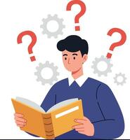 Person reading a book surrounded by question marks and gears representing confusion vector