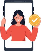 Woman smiling and holding a checkmark inside a smartphone frame vector