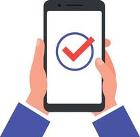 Hands holding smartphone displaying a check mark symbolizing confirmation or approval vector
