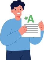 Young man smiles while holding a paper with hashtag and letter A vector