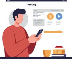 User engaging with mobile banking interface while seated at desk vector