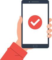 Person holding smartphone displaying a red check mark on screen vector
