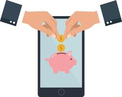 Hands inserting coins into a smartphone with a piggy bank graphic vector