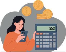 Woman using calculator and smartphone with coins in background vector
