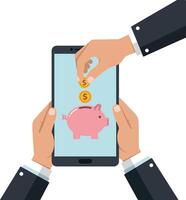 Hand inserting coins into digital piggy bank on smartphone screen vector