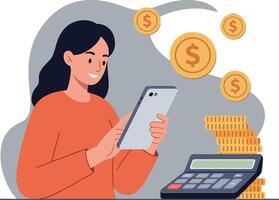 Young woman calculating expenses with a calculator and smartphone in hand vector