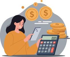Woman using smartphone and calculator with coins in financial setting vector