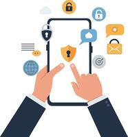 Hands interacting with smartphone displaying security and privacy icons and symbols vector