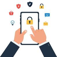 Hands interacting with smartphone displaying security and notification icons vector