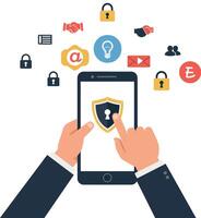 Hands interacting with smartphone displaying security icons and symbols above vector