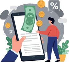 Person interacting with smartphone displaying money and financial icons vector