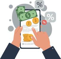Hands interacting with smartphone displaying money and financial information elements vector