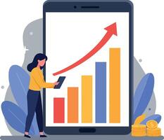 Businesswoman analyzing growth chart on smartphone beside financial data visualization vector