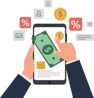 Digital payment transaction with smartphone and cash visual elements displayed vector