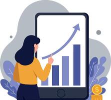Woman pointing at smartphone screen displaying rising financial graph and statistics vector