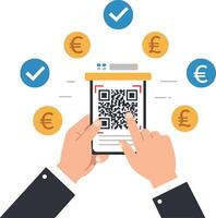 Hands holding smartphone scanning QR code surrounded by currency symbols vector
