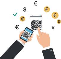 Hands holding smartphone and interacting with QR code for digital payments vector