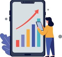 Person analyzing data on a smartphone with growing bar graph visualization vector
