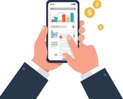Hands holding smartphone displaying financial graphs and currency icons vector