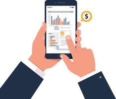 Businessman analyzing financial data on smartphone with interactive graphs and charts vector