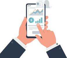 Hands holding smartphone displaying financial data and analytics graphs vector