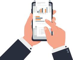 Hands holding smartphone displaying financial graphs and data reports vector