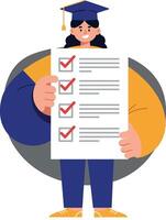 Graduate wearing cap holding checklist with completed tasks in hand vector