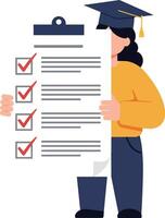 Student wearing graduation cap holding checklist with completed tasks vector