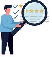 Person inspecting document with magnifying glass and star ratings displayed vector