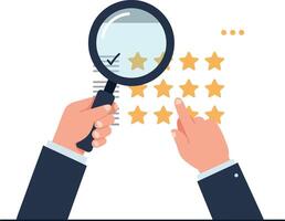 Hands holding magnifying glass examining stars and checking quality rating vector
