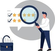 Businessman analyzing customer feedback with a magnifying glass and checklist vector