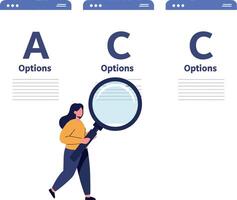 Person holding magnifying glass analyzing options on computer screens vector